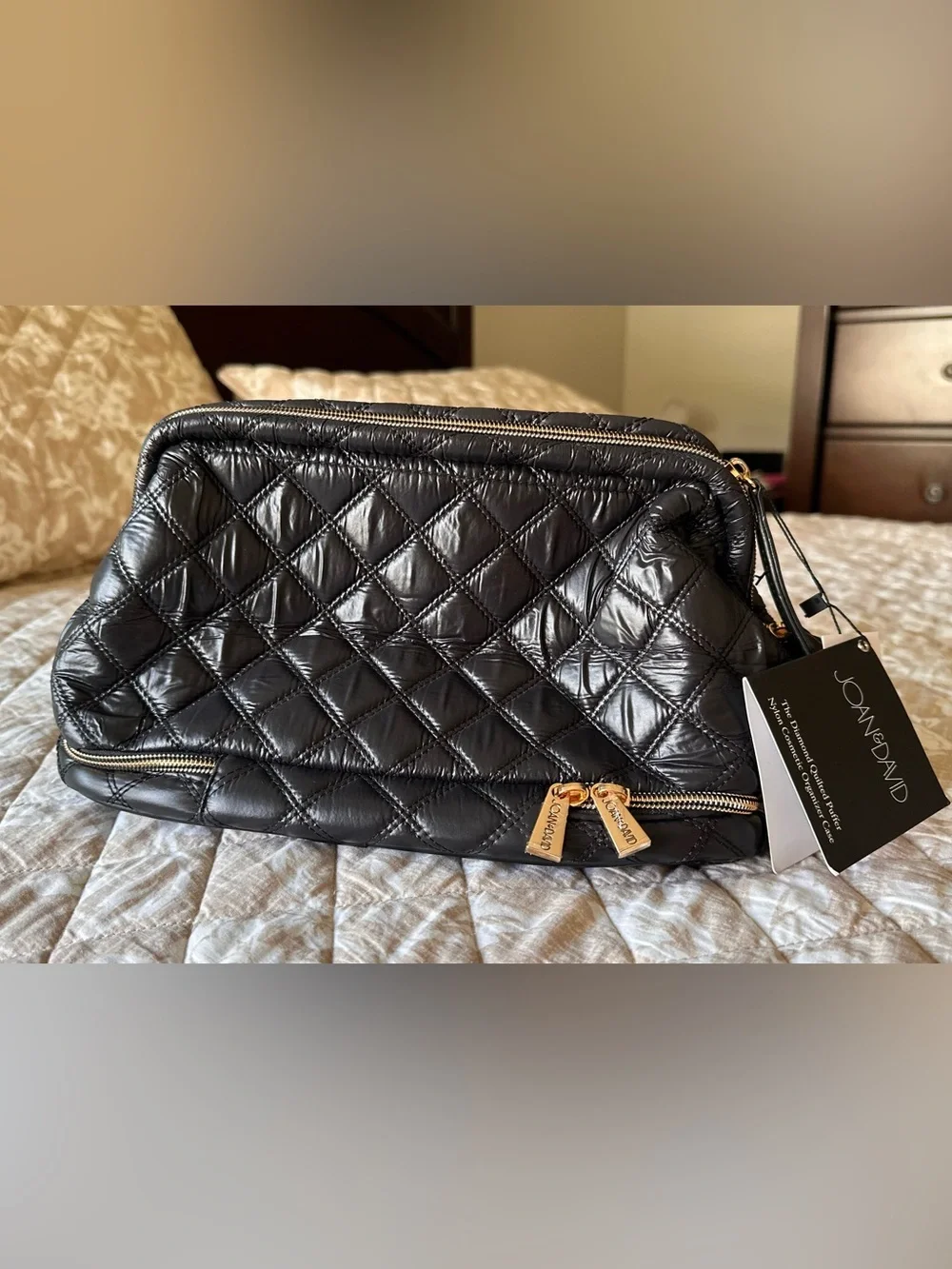 Joan & David Quilted Black Leather Cosmetic Pouch with Gold Plaque